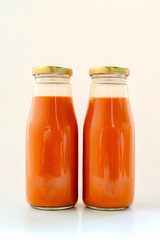 Orange Thai milk tea is placed in a bottle of 2 bottles placed behind a white background.