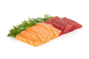 Tuna and salmon tataki on a white background. Slices of tuna and fresh salmon. Asian food