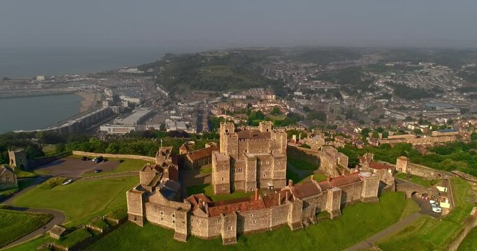 drone flying to reveal dover castle and town