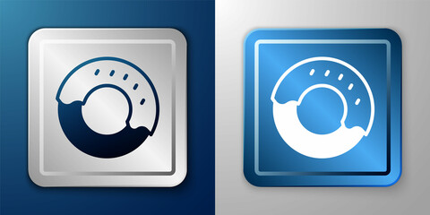 White Donut with sweet glaze icon isolated on blue and grey background. Silver and blue square button. Vector