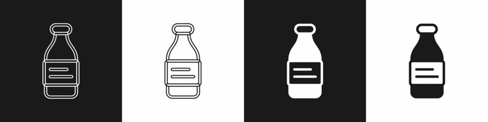 Set Bottle of water icon isolated on black and white background. Soda aqua drink sign. Vector
