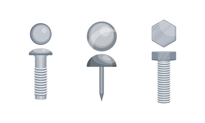 Metal Fastener and Nail as Small Object and Hardware Device Used for Joining Vector Set