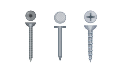 Metal Fastener and Nail as Small Object and Hardware Device Used for Joining Vector Set