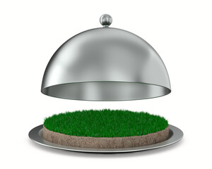 open metallic cloche and round soil ground with green grass on white background. Isolated 3D illustration