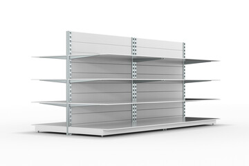 Empty store shelves on white background. Isolated 3D illustration