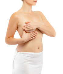 Naklejka premium Woman examining breast isolated on white background 