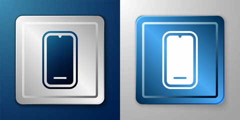 White Smartphone, mobile phone icon isolated on blue and grey background. Silver and blue square button. Vector