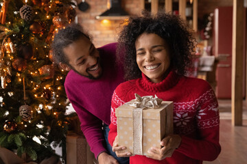 Fototapeta na wymiar Overjoyed African American millennial couple near fir tree at home exchange Christmas gifts on winter holidays. Smiling biracial man and woman congratulate greet have fun celebrate New Year together.