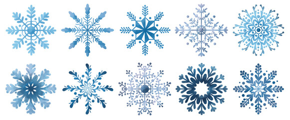 Winter set of blue snowflakes. White background.