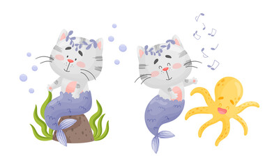 Grey Cat Mermaid with Fish Tail and Floral Wreath Floating on the Ocean Bottom Vector Set