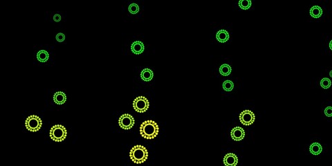 Dark green, yellow vector background with covid-19 symbols.