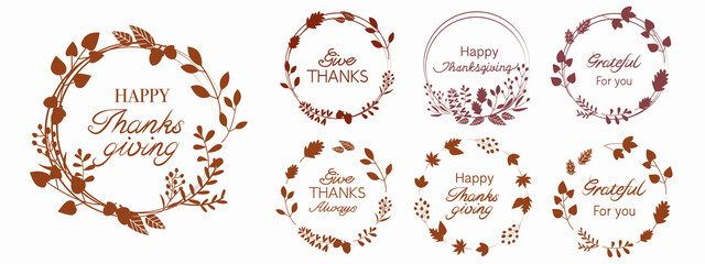  Set of Autumn Calligraphy. Thanksgiving typography decoration with autumn leaves, berries and pumpkin. thanks message text design elements for card, poster, banner, web and design.
