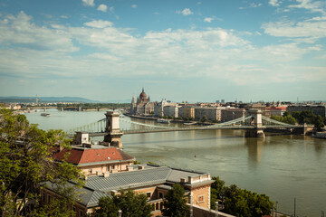 Fototapeta premium View of Chain Bridge, Hungarian Parliament and Danube River form Buda Castle