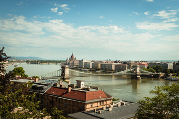 View of Chain Bridge, Hungarian Parliament and Danube River form Buda Castle