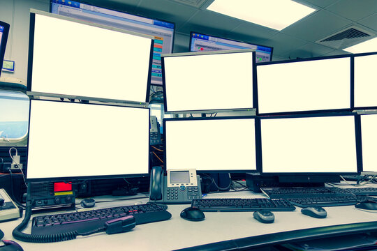 Group Of Blank Monitors And Screen On Security Desk Or Control Room For Monitor Process Or Stock Data Trading