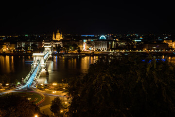 Illuminated Chain Bridge in Budapest on a summer night