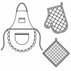 Oven mitt and oven mitt and apron hanging on the rack on hooks, black contour isolated vector illustration.