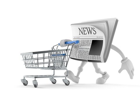 Newspaper character with shopping cart
