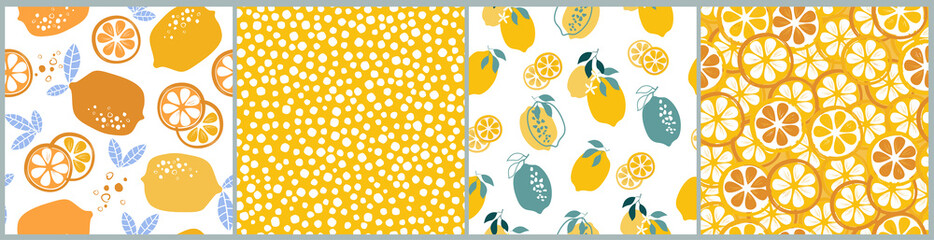 The set is an abstract modern seamless pattern with citrus fruits, useful vitamins. Healthy vegan food. Lemons, oranges, tangerines cut into round slices, slices. Simple shapes, drops. Vector graphics