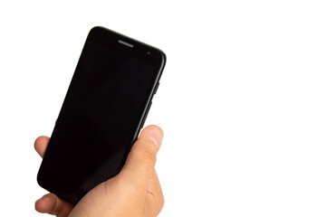 Man hand holding the black smartphone with black screen - isolated on white background