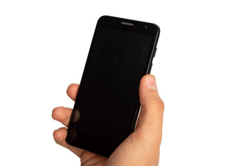 Man hand holding the black smartphone with black screen - isolated on white background