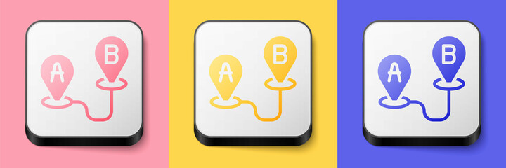 Isometric Route location icon isolated on pink, yellow and blue background. Map pointer sign. Concept of path or road. GPS navigator. Square button. Vector
