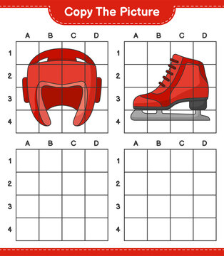 Copy the picture, copy the picture of Boxing Helmet and Ice Skates using grid lines. Educational children game, printable worksheet, vector illustration