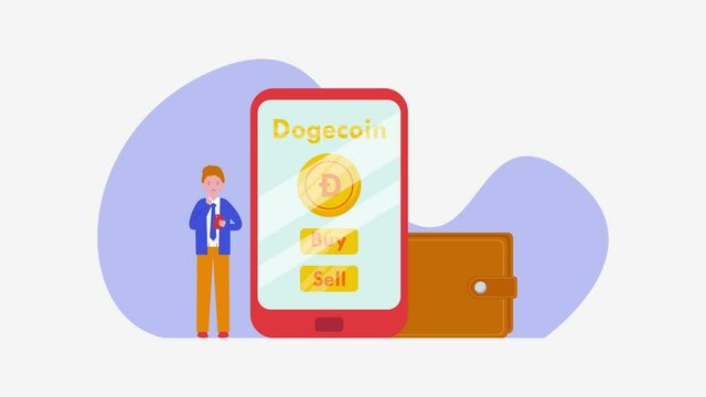Young man buy and sell dogecoin on mobile phone