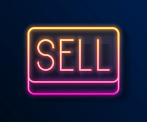 Glowing neon line Sell button icon isolated on black background. Financial and stock investment market concept. Vector