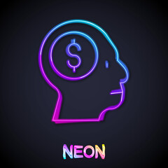 Glowing neon line Business man planning mind icon isolated on black background. Head with dollar. Idea to earn money. Business investment growth. Vector