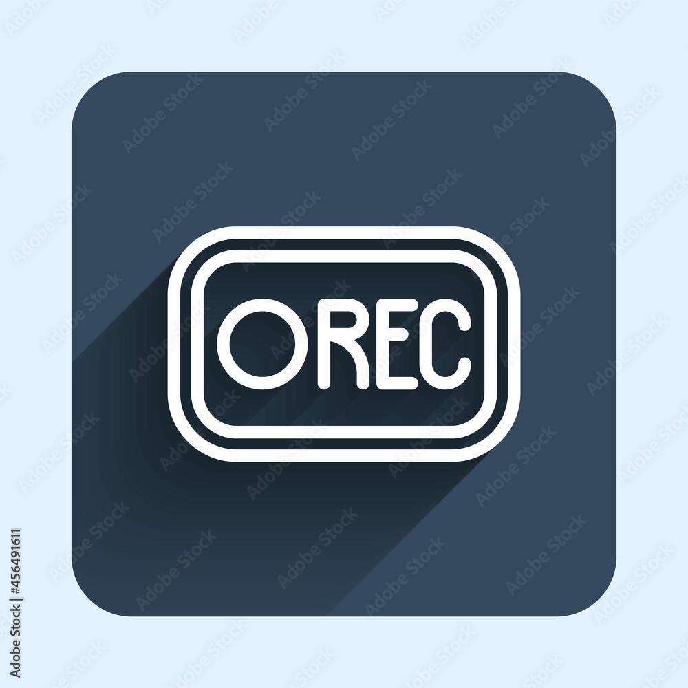 Poster white line record button icon isolated with long shadow background. rec button. blue square button. 