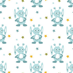 Seamless pattern of alien cute monsters and galactic stars. Vector flat illustration