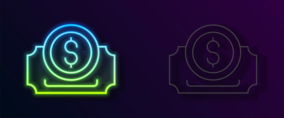 Glowing neon line Cinema ticket icon isolated on black background. Vector