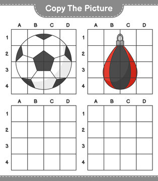 Copy the picture, copy the picture of Soccer Ball and Punching Bag using grid lines. Educational children game, printable worksheet, vector illustration