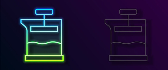 Glowing neon line French press icon isolated on black background. Vector