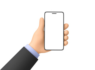 Cartoon hand of a business man holding smartphone isolated on white. Clipping path included
