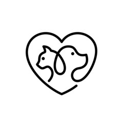 Pet Shop or vet clinic logo design template. Abstract dog, cat and heart in single line style. Stock vector illustration.