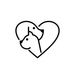 Pet Shop or vet clinic logo design template. Abstract dog, cat and heart in outline. Stock vector illustration.