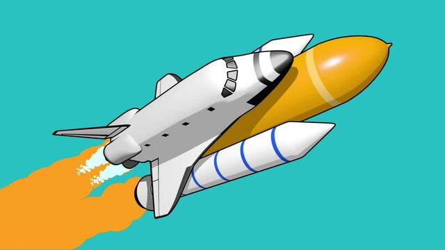 Animation of flat style spaceship rocket flying blue background Alpha matte