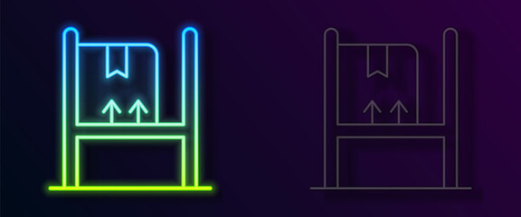 Glowing neon line Warehouse interior with boxes on racks icon isolated on black background. Logistics, cargo, parcel storage postal service. Vector