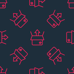 Red line Unboxing icon isolated seamless pattern on black background. Vector