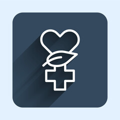 White line Ethnoscience icon isolated with long shadow background. Gardening, ethnoscience and organic concept. Blue square button. Vector