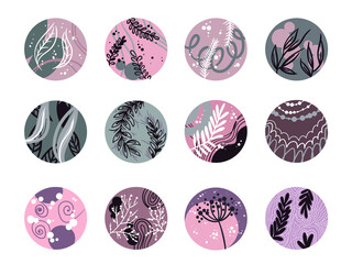 Vector abstract stories highlights with floral elements purple pink and grey colors. Hand drawn social media highlights covers 