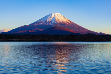 夕暮れ時の富士山　山梨県富士河口湖町の精進湖にて