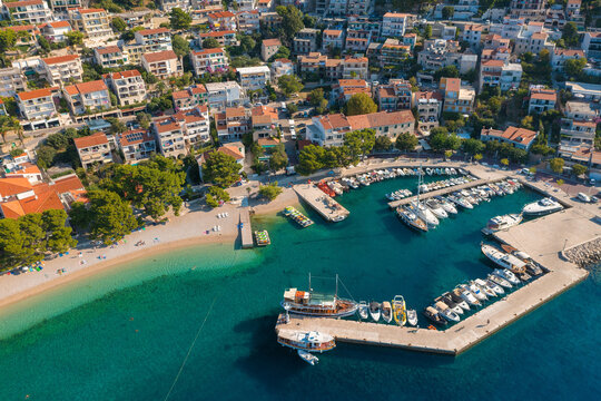 Aerial view of Gradac town below Biokovo mountain, the Adriatic Sea, Croatia