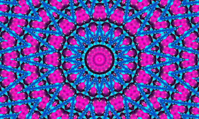 Cyan flower on pink star background. Detailed wallpaper with many circles, squares and decorative flowers in rows and columns in pink and a glowing exotic flower, star in the center in cyan color