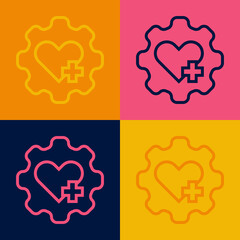 Pop art line Heart with a cross icon isolated on color background. First aid. Healthcare, medical and pharmacy sign. Vector