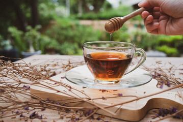 close up hand add honey into galss of hot tea