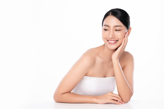 Beautiful young asian woman with clean fresh skin on white background, Face care, Facial treatment, Cosmetology, beauty and spa, Asian women portrait.