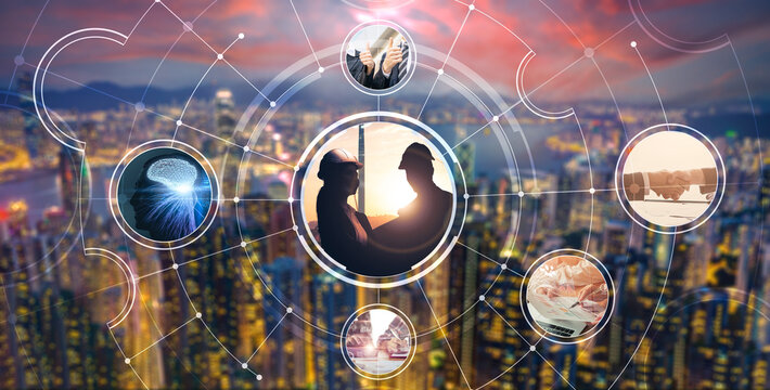 Business communication photo collection concept, business person people working as team word leadership agreement team building working strategies creative thinking positive, modern city background.